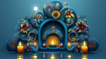 Artistic Diwali altar with glowing lamps and intricate floral decorations