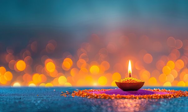. Colorful traditional oil lamp diya .colored sand, oil lamp with fire on colored background. Happy Diwali - Clay Diya lamps lit during Diwali, Hindu festival of lights celebration. Cope space