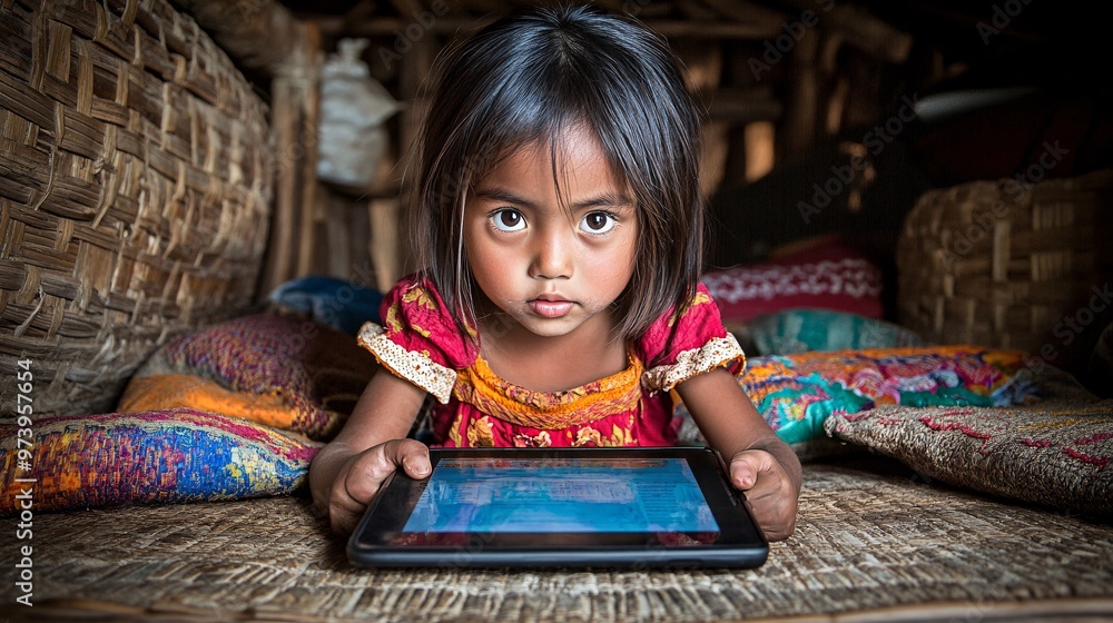 Poster a young student in a rural home learning on a tablet while seated on the floor with pillows and a lo