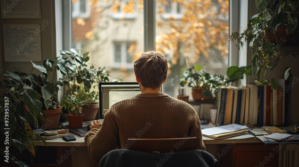 Poster a young student sits at a small desk in a compact urban apartment, using a laptop and surrounded by 