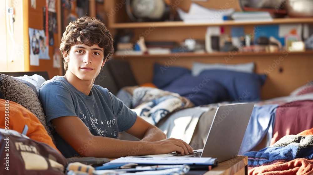 Poster a high school student is seated in a cozy corner of their living room, with a simple desk set up usi