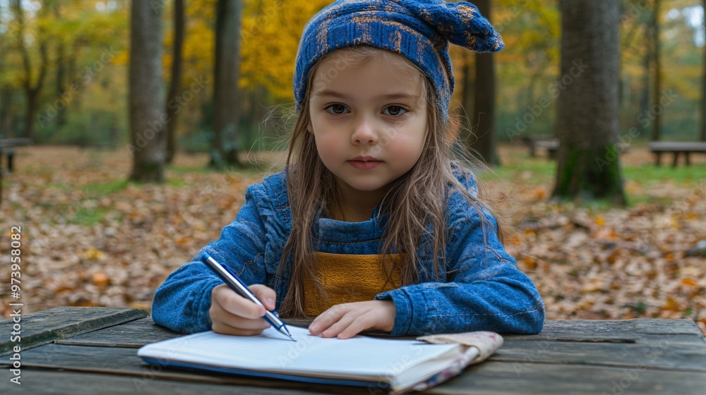 Poster a young learner studies in a rural outdoor setting, sitting at a picnic table with a tablet and writ