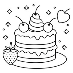 A sweet line drawing of a tiered cake with cherries, frosting, balloons, and hearts all around it.
