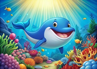 Obraz premium A smiling whale cartoon character, with a bright blue body and white belly, swims in a sunny ocean,