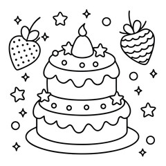 A sweet line drawing of a tiered cake with cherries, frosting, balloons, and hearts all around it.