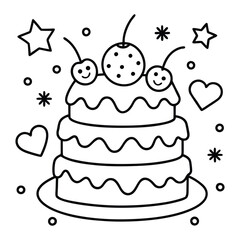 A sweet line drawing of a tiered cake with cherries, frosting, balloons, and hearts all around it.