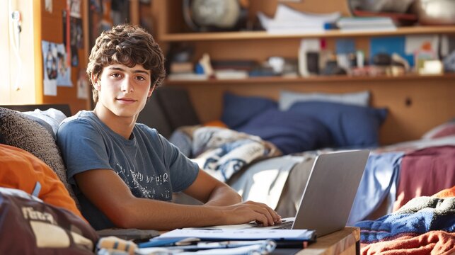 A high school student is seated in a cozy corner of their living room, with a simple desk set up using a laptop and notebooks. The background shows a cluttered but warm and familiar family space,