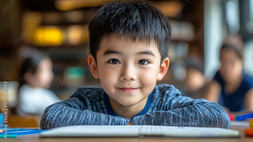 Poster a student in a busy family home studies at the kitchen table with a tablet and notebooks. the enviro