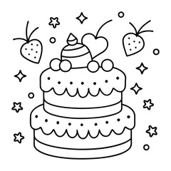 A sweet line drawing of a tiered cake with cherries, frosting, balloons, and hearts all around it.