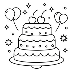 A sweet line drawing of a tiered cake with cherries, frosting, balloons, and hearts all around it.