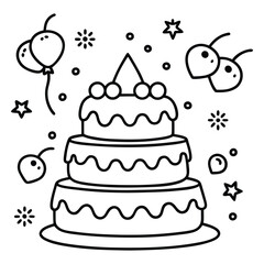 A sweet line drawing of a tiered cake with cherries, frosting, balloons, and hearts all around it.