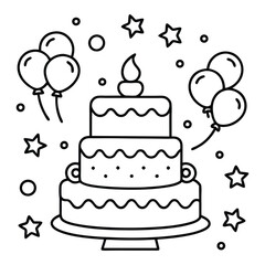 A sweet line drawing of a tiered cake with cherries, frosting, balloons, and hearts all around it.