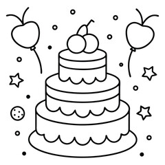 A sweet line drawing of a tiered cake with cherries, frosting, balloons, and hearts all around it.
