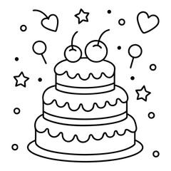A sweet line drawing of a tiered cake with cherries, frosting, balloons, and hearts all around it.