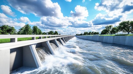 Powerful Hydroelectric Dam and Rushing River with Cascading Waterfall in Lush Scenic Landscape