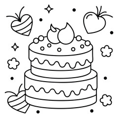 A sweet line drawing of a tiered cake with cherries, frosting, balloons, and hearts all around it.