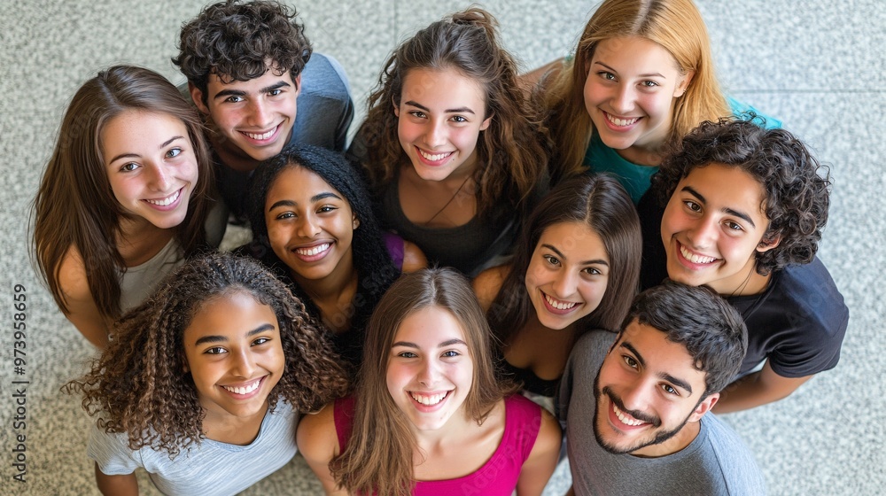 Aufkleber A multicultural group of students works on a global project through a video call, with each student presenting their ideas. The layout shows virtual collaboration, with diverse faces, accents, and