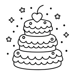 A sweet line drawing of a tiered cake with cherries, frosting, balloons, and hearts all around it.