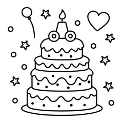 A sweet line drawing of a tiered cake with cherries, frosting, balloons, and hearts all around it.