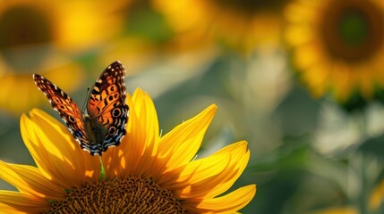 Butterfly on Sunflower: A delicate butterfly with intricate wings rests gently upon a bright yellow sunflower, radiating warmth and serenity. The blurred background of sunflowers creates a dreamy, eth