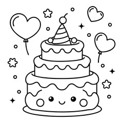 A sweet line drawing of a tiered cake with cherries, frosting, balloons, and hearts all around it.
