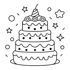 A sweet line drawing of a tiered cake with cherries, frosting, balloons, and hearts all around it.