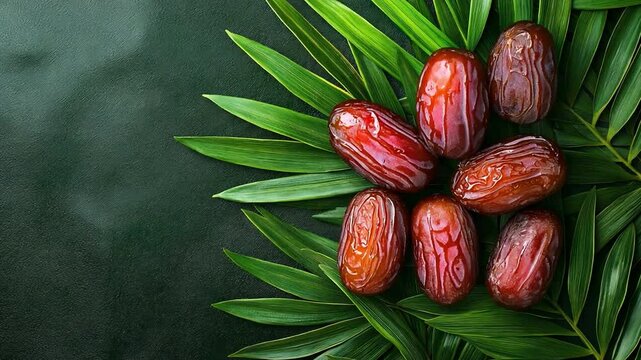 close-up of ripe, glossy dates resting on vibrant green leaves, highlighting their natural texture and freshness.