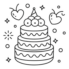 A sweet line drawing of a tiered cake with cherries, frosting, balloons, and hearts all around it.