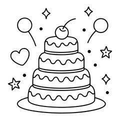 A sweet line drawing of a tiered cake with cherries, frosting, balloons, and hearts all around it.