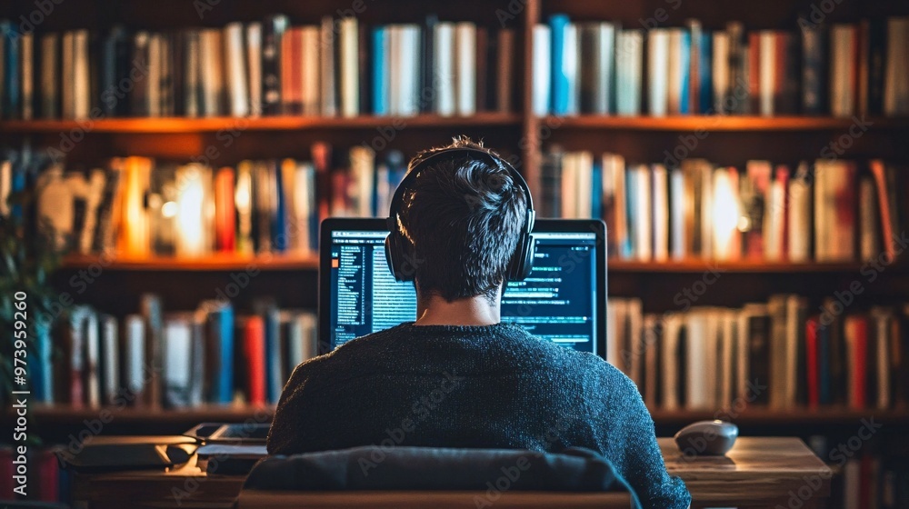 Poster Student attentively attending an online class on a laptop in a well-organized study space The background includes shelves with books and stationery A close-up of the screen shows a virtual learning