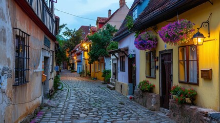 Cobblestone Charm: A captivating twilight scene of a narrow European lane, adorned with vibrant facades and overflowing flower boxes, evoking a sense of timeless beauty and wanderlust.  