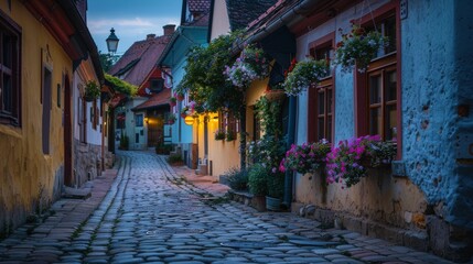 Fototapeta premium Cobblestone Charm: A quaint European street at dusk, bathed in the warm glow of lanterns and adorned with colorful facades and flower boxes. 