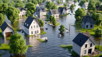 Fototapeta premium Flooded Village Due to Heavy Storm and Rising Water Levels