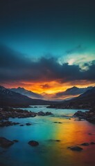 Fototapeta premium Colorful Poster Featuring a River and Mountains