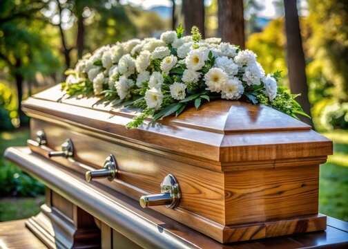 A solemn funeral scene features a polished wooden casket, adorned with white flowers, lying open, revealing a serene,