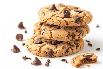 Stack of chocolate chip cookies on a white background 