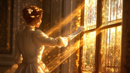 A maid in vintage attire carefully cleans a grand stained glass window in a lavish baroque-style building, soft sunlight filtering through ornate patterns, rich golden hues, detailed, illustration