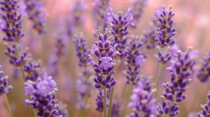 Obraz premium Lavender Field: Tranquil beauty of lavender flowers in full bloom, bathed in soft, warm sunlight. A delicate, pastel pink backdrop creates a serene atmosphere. 