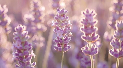 Obraz premium Lavender Dawn: Soft sunlight bathes a field of vibrant lavender blossoms, creating a serene and aromatic scene of tranquility and beauty.