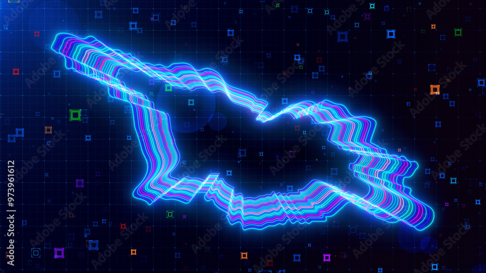 Poster a vibrant digital artwork of georgia map outlined with neon lines, set against a futuristic grid bac