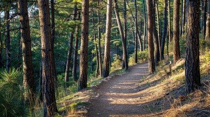 Sun-drenched Pine Forest Path: A picturesque winding path through a serene pine forest bathed in the golden glow of the afternoon sun, inviting exploration and tranquility. 