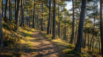 Fototapeta premium Serene Forest Path: A winding dirt path leads through a sun-dappled pine forest, inviting you to explore the tranquility of nature. The warm light filters through the tall trees, creating a sense.