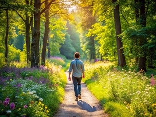 Obraz premium A solitary figure in casual attire walks alone on a winding dirt path surrounded by lush green trees