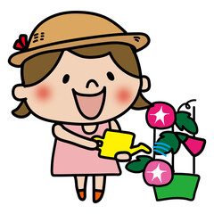 朝顔に水をあげる子供（女の子）