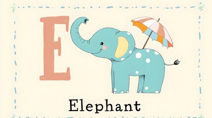 Fototapeta premium Illustration of the Letter E with an Elephant Holding an Umbrella