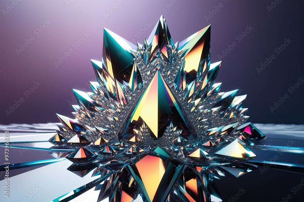 Poster 3d visualization of colorful reflective fractal crystal structures