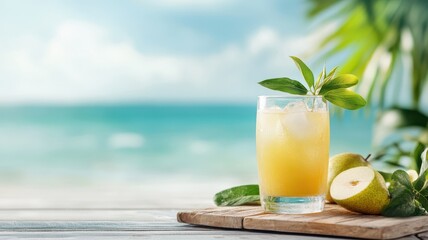 Fresh pear juiced into a glass, set by the sea for a serene scene.