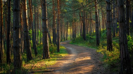Naklejka premium Golden Hour Forest Path: A serene dirt road winds through a majestic pine forest, bathed in the warm glow of the setting sun. 