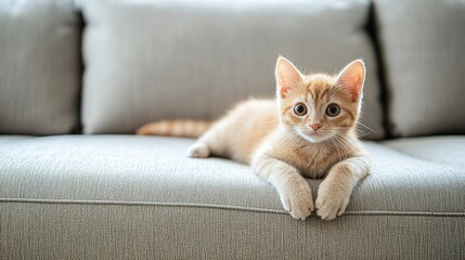 Cute Kitten Napping on a Cozy Sofa in a Modern Home. Feline Pet Relaxing in a Stylish Living Room, Interior Design and Comfort Concepts.