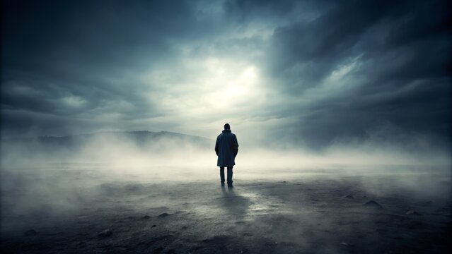 A solitary figure stands amidst a desolate, mist-shrouded landscape, cloaked in darkness, evoking a sense of melancholy